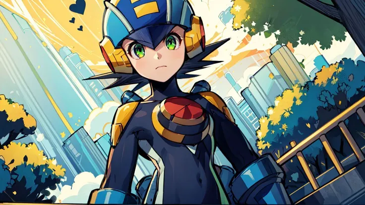 (masterpiece),(intricate details),1girl,female,small breasts,megaman,bodysuit,black hair,closed mouth,closeup,green eyes,helmet,<lora:Megaman:1> depth of field,looking at viewer,((standing on the school stairs)),moon,night,Area_with_many_trees_and_vegetation,((cumulonimbus)),from below:1.1,