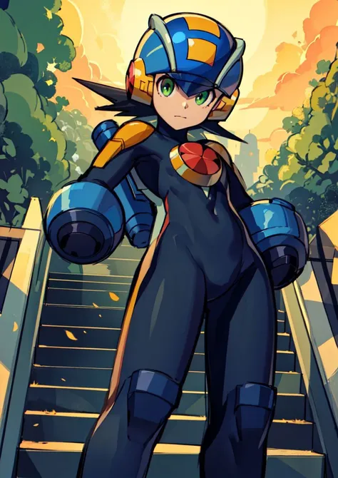 (masterpiece),(intricate details),1girl,female,small breasts,megaman,bodysuit,black hair,closed mouth,closeup,green eyes,helmet,<lora:Megaman:1> depth of field,looking at viewer,((standing on the school stairs)),moon,night,Area_with_many_trees_and_vegetation,((cumulonimbus)),from below:1.1,