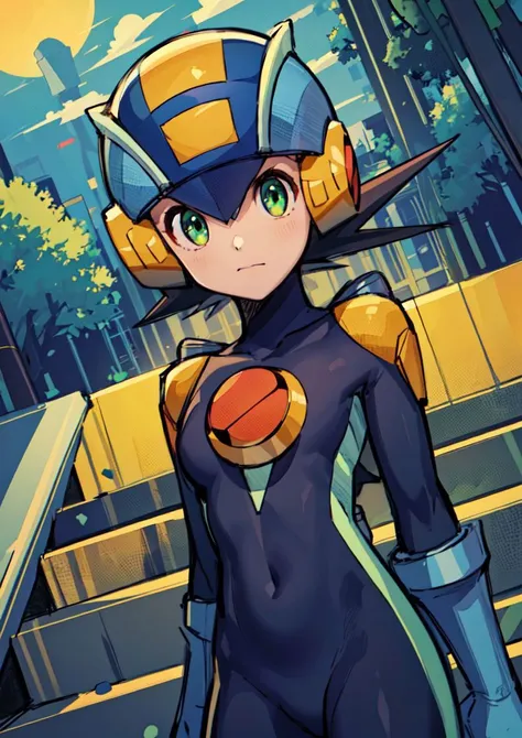 (masterpiece),(intricate details),1girl,female,small breasts,megaman,bodysuit,black hair,closed mouth,closeup,green eyes,helmet,<lora:Megaman:1> depth of field,looking at viewer,((standing on the school stairs)),moon,night,Area_with_many_trees_and_vegetation,((cumulonimbus)),from below:1.1,
