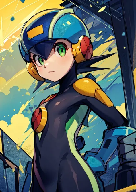(masterpiece),(intricate details),1girl,female,small breasts,megaman,bodysuit,black hair,closed mouth,closeup,green eyes,helmet,<lora:Megaman:1> depth of field,looking at viewer,((standing on the school stairs)),moon,night,Area_with_many_trees_and_vegetation,((cumulonimbus)),from below:1.1,
