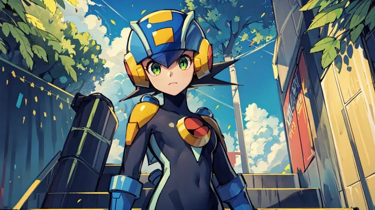 (masterpiece),(intricate details),1girl,female,small breasts,megaman,bodysuit,black hair,closed mouth,closeup,green eyes,helmet,<lora:Megaman:1> depth of field,looking at viewer,((standing on the school stairs)),moon,night,Area_with_many_trees_and_vegetation,((cumulonimbus)),from below:1.1,