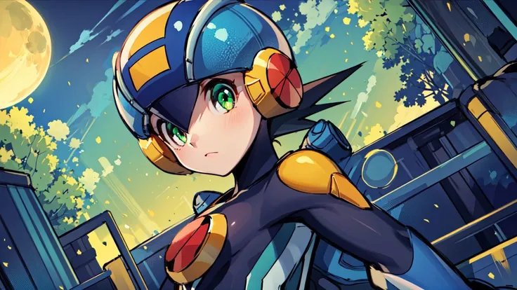 (masterpiece),(intricate details),1girl,female,small breasts,megaman,bodysuit,black hair,closed mouth,closeup,green eyes,helmet,<lora:Megaman:1> depth of field,looking at viewer,((standing on the school stairs)),moon,night,Area_with_many_trees_and_vegetation,((cumulonimbus)),from below:1.1,