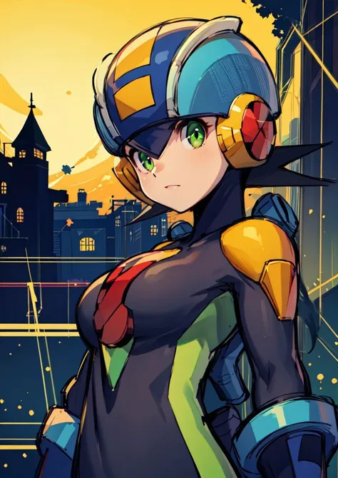 (masterpiece),(intricate details),1girl,mature male,large breasts,thick thighs,plump,megaman,black hair,closed mouth,closeup,green eyes,helmet,<lora:Megaman:1> depth of field,looking at viewer,((standing on the school stairs)),((upper body)) moon,night,Area_with_many_trees_and_vegetation,((cumulonimbus)),from below:1.1,