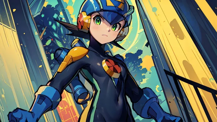 (masterpiece),(intricate details),1girl,female,small breasts,megaman,bodysuit,black hair,closed mouth,closeup,green eyes,helmet,<lora:Megaman:1> depth of field,looking at viewer,((standing on the school stairs)),moon,night,Area_with_many_trees_and_vegetation,((cumulonimbus)),from below:1.1,