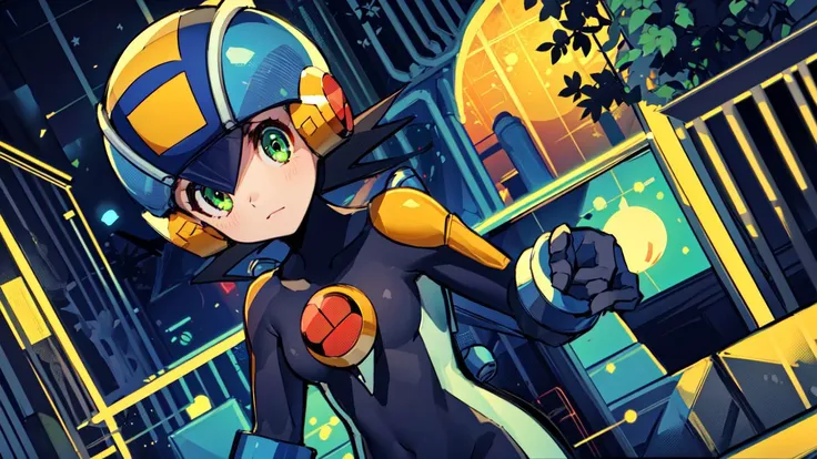 (masterpiece),(intricate details),1girl,female,small breasts,megaman,bodysuit,black hair,closed mouth,closeup,green eyes,helmet,<lora:Megaman:1> depth of field,looking at viewer,((standing on the school stairs)),moon,night,Area_with_many_trees_and_vegetation,((cumulonimbus)),from below:1.1,