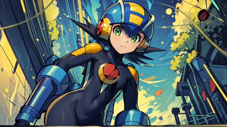 (masterpiece),(intricate details),1girl,female,small breasts,megaman,bodysuit,black hair,closed mouth,closeup,green eyes,helmet,<lora:Megaman:1> depth of field,looking at viewer,((standing on the school stairs)),moon,night,Area_with_many_trees_and_vegetation,((cumulonimbus)),from below:1.1,