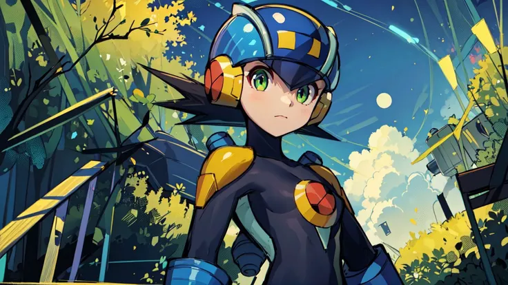 (masterpiece),(intricate details),1girl,female,small breasts,megaman,bodysuit,black hair,closed mouth,closeup,green eyes,helmet,<lora:Megaman:1> depth of field,looking at viewer,((standing on the school stairs)),moon,night,Area_with_many_trees_and_vegetation,((cumulonimbus)),from below:1.1,