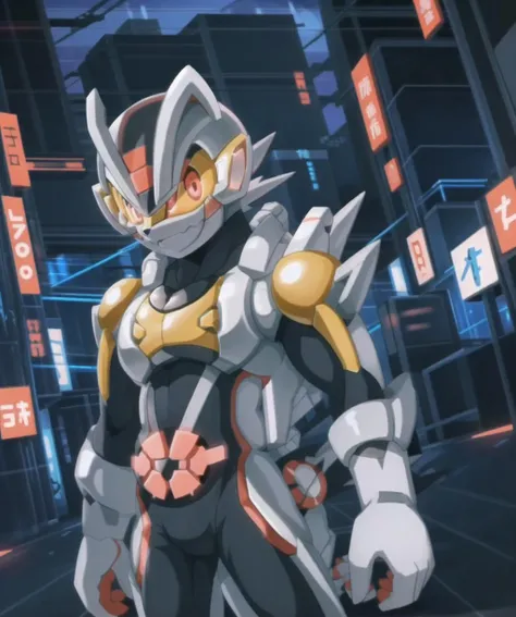 1boy, muscular male,species:human,megaman  <lora:Megaman:1>,delicate ringed eyes,delicate face, <lora:Geats:0.8>, in a white kamen suit, full body, looking at viewer ,standing,naughty face , dark city  ,background,  ,masterpiece, best quality, anime, 4K