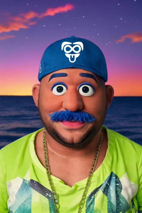 BigYamo as a muppet man with a cap and a white logo on hat, standing at the end of a dock on a lake, looking at a green light across the lake, a golden chain, still from a 1975 production of The Great Gatsby, night time, night, color photograph, film grain, fuzzy skin, muppet, puppet, <hypernet:muppet_10:0.8>, (masterpiece, best quality:1.2), ultra realistic 8k, glamour lighting, HDR, creampie, (highly detailed face: 1.2)