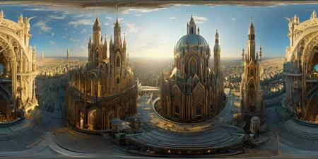 <lora:360RedmondResized:1> panorama, 360, ((masterpiece)), ((best quality)), 8k, high detailed, ultra-detailed, science fiction, fantasy, Cathedral , <lora:AetherPunkAI:1>,