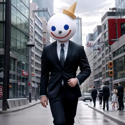 <lora:Jack_In_The_Box:0.7> JackInTheBox, A photo of JackInTheBox, wearing a suit, walking down the street, city background, (masterpiece, high res, 4k, realistic)