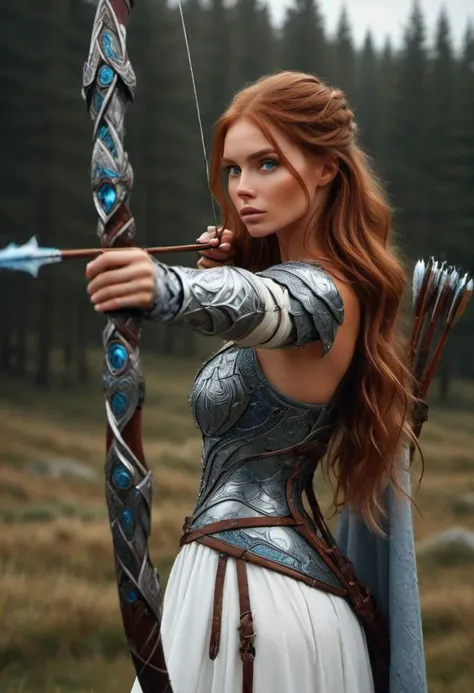 Photorealistic image ((Masterpiece)), ((high quality)) UHD 8K, of a real (Viking archer goddess, Hilda), strong, ((slim body)), ((tall model)), ((skinny waist)), full body , ((long ginger hair with braids)), (blue eyes), (((hyper-realistic white fantasy full white armor, with intricate details))), (((wielding a fantasy bow weapon aiming at the camera))), ((long cloak of skin)), (in guardian position, in Valhalla), realistic photography, natural lighting, professional DSLR camera, mecha, robot,