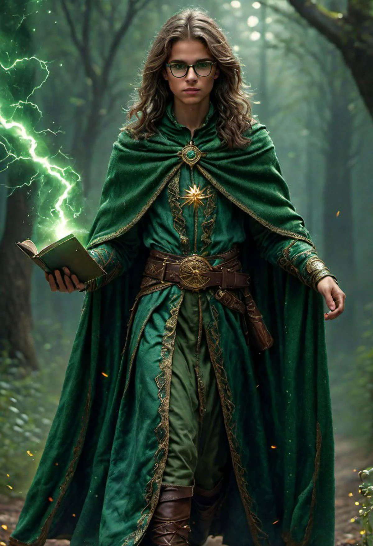 super realistic image, high quality uhd 8K, of boy with round glasses, detailed realistic ((slim body, high detailed)), ((tall model)), brunette hair, high detailed realistic skin, ((fantasy wizard's tunic with green long skirt and intricate details, several belts at the waist)), ((green wizard's magic cape, mysterious atmosphere)) ((wizard's peaked hat)) ((casting magic lightning spells)), real vivid colors, standing