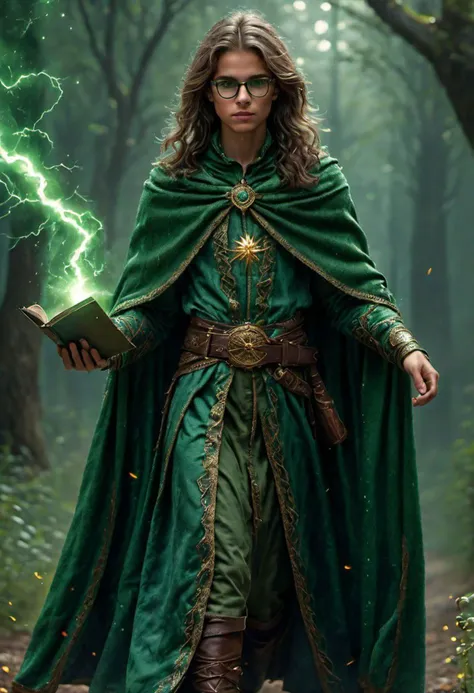 super realistic image, high quality uhd 8K, of 11 boy with round glasses, detailed realistic ((slim body, high detailed)), ((tall model)), brunette hair, high detailed realistic skin, ((fantasy wizard's tunic with green long skirt and intricate details, several belts at the waist)), ((green wizard's magic cape, mysterious atmosphere)) ((wizard's peaked hat)) ((casting magic lightning spells)), real vivid colors, standing