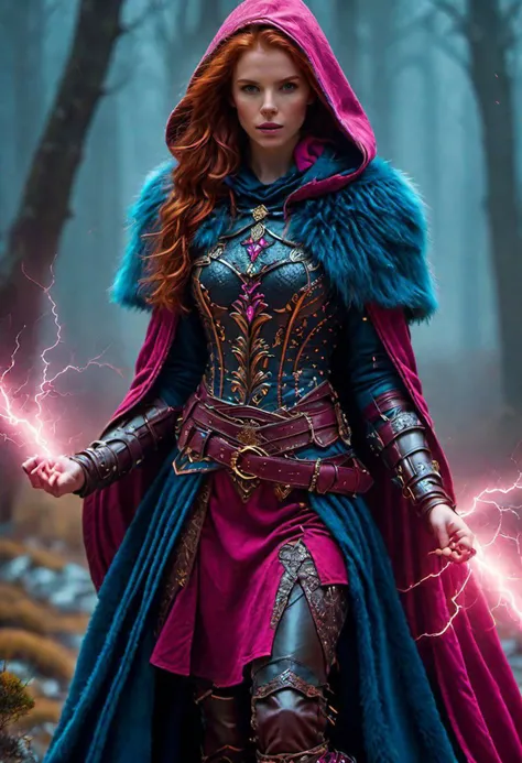 super realistic image, high quality uhd 8K, of 1 girl, detailed realistic ((slim body, high detailed)), (skinny waist), ((tall model)), redhead, long ginger hair, high detailed realistic skin, ((Fantasy leather armor with short fuchsia skirt and intricate details, several belts at the waist)), ((magic blue fur cape with hood, mysterious environment)) ((casting magic lightning spells)), real vivid colors, standing