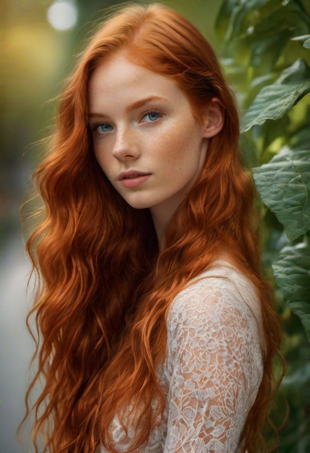 A close up of a woman with long red hair and a white dress - SeaArt AI