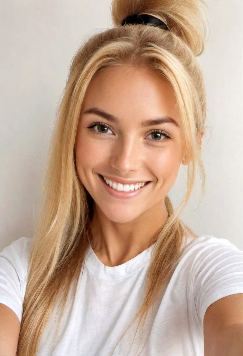 (selfie:1.6) SelfieAngels_Caroline (blonde long hair:1.4) ((Photo Focus, DOF, Aperture, insanely detailed and intricate, character, hypermaximalist, beautiful, exotic, revealing, appealing, attractive, amative, hyper realistic, super detailed)) <lora:more_details:0.5> <lora:exposure_control_v10:-0.25> (at home in front of a white wall:1.5)(white t-shirt:1.5)(smiling:1.1) (skinny, slim, slender, long legs, smile:1.2)(facial close-up shot:1.4) (ponytail:1.4)