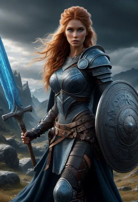 Photorealistic image ((Masterpiece)), ((high quality)) UHD 8K, of a real (Viking goddess, Hilda), strong, ((slim body)), ((tall model)), ((skinny waist)), full body , ((long ginger hair with braids)), (blue eyes), (((helmet))), (((hyper-realistic black fantasy full black armor, with intricate details))), (((giant blue fantasy  sword))), (((fantastic round viking shield))), ((long cloak of skin)), (in guardian position, in Valhalla), realistic photography, natural lighting, professional DSLR camera, mecha, robot,