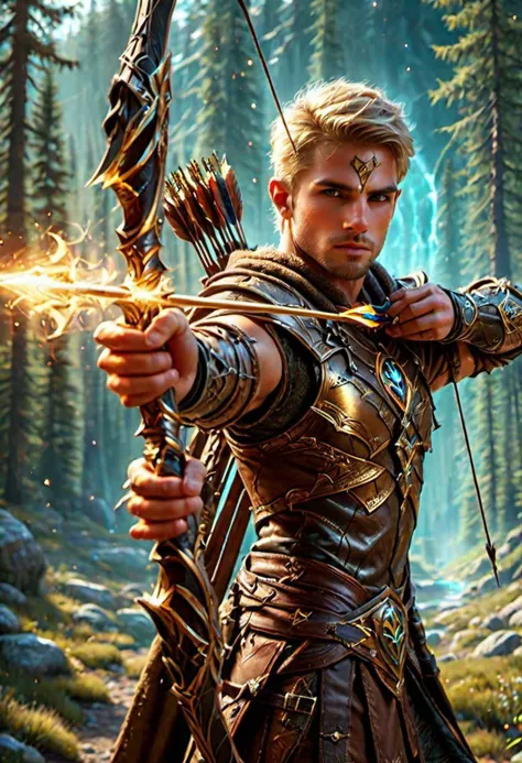 super realistic image, high quality uhd 8K, of 1 man, detailed realistic ((slim body, high detailed)), (muscular:1,2), ((tall model)), (shoulder length blonde hair), high detailed realistic skin, ((fantasy archer, wearing brown armor)), (((fantasy gold bow weapon))) ((magic light ray arrow, spells)), real vivid colors, standing