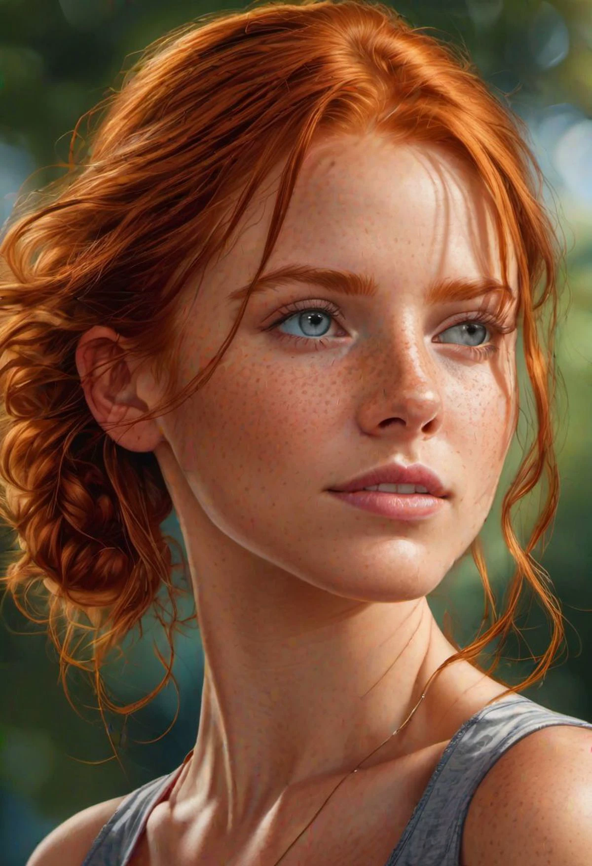 super realistic image, high quality uhd 8K, of 18 year old girl, detailed realistic, redhead, long ginger hair, high detailed realistic skin, (((face and shoulder view portrait))), real vivid colors, standing