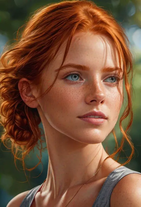 super realistic image, high quality uhd 8K, of 18 year old girl, detailed realistic, redhead, long ginger hair, high detailed realistic skin, (((face and shoulder view portrait))), real vivid colors, standing