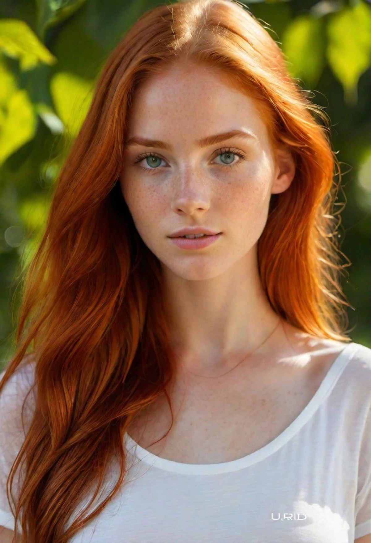 super realistic image, high quality uhd 8K, of 18 year old girl, detailed realistic ((slim body, high detailed)), (tall model), redhead, long ginger hair, high detailed realistic skin, ((white top)), ((face and shoulder portrait)), real vivid colors, standing