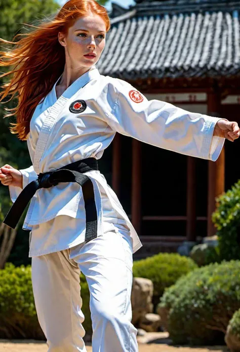 super realistic image, high quality uhd 8K, of 1 girl, detailed realistic ((slim body, high detailed)), (tall model), redhead, long ginger hair, high detailed realistic skin, ((karate white uniform, martial arts)), (fblack beltt), real vivid colors, standing