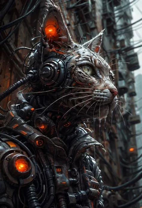 (style of Paul Lehr:1.3), photography of muscular grey bobcat, (looking at viewer:1.3), dark background, stunning, amazing, beautiful, soft lighting, dark city background, sci-fi, dystopia