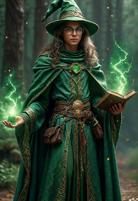 super realistic image, high quality uhd 8K, of boy with round glasses, detailed realistic ((slim body, high detailed)), ((tall model)), brunette hair, high detailed realistic skin, ((fantasy wizard's tunic with green long skirt and intricate details, several belts at the waist)), ((green wizard's magic cape, mysterious atmosphere)) ((wizard's peaked hat)) ((casting magic lightning spells)), real vivid colors, standing