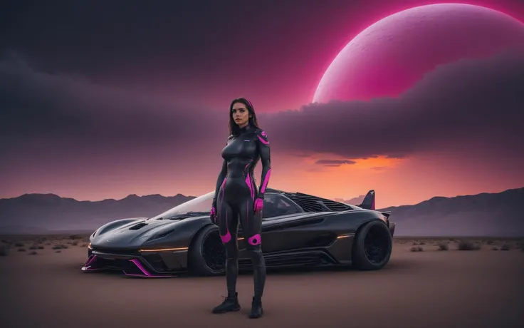 (masterpiece photo of 1girl standing in front of vehicle:1.3) ,full body wide angle cinematic shot [standing on path leading to alien city under glass dome], surreal purple sky,(standing woman holding tablet device:1.3), (vehicle focus:1.3),alien planet, surreal desert terrain, arm extended holding tablet, standing next to widebody++ cyberpunk++ prerunner rally offroad car style of (Giorgetto Giugiaro:1.2), (style of Gordon Murray:1.4), (style of Horacio Pagani:1.1),dark stormy clouds paintjob wrap, [alien sky], (magenta and black cloudy skies storms intricate details depth shadows), [ringed planet in distance], dust trails, dust devil <lora:Drone_Cars_XL:0.5>,BREAK, BREAK,(pale, 24 years old, large covered breasts, cleavage, skinny waist, young european woman, futuristic fashionista:1.5), utility belt, map, (Oval-shaped face, luminous complexion, aqua+ almond-shaped eyes, thin high arched eyebrows, small upturned nose, cupid's bow lips:1.2),(backlit sliced bob medium center part white hair:1.3),form-fitting high tech racesuit with neon magenta accents that highlight her silhouette,(dragon scale leggings:1.1),volumetric lighting