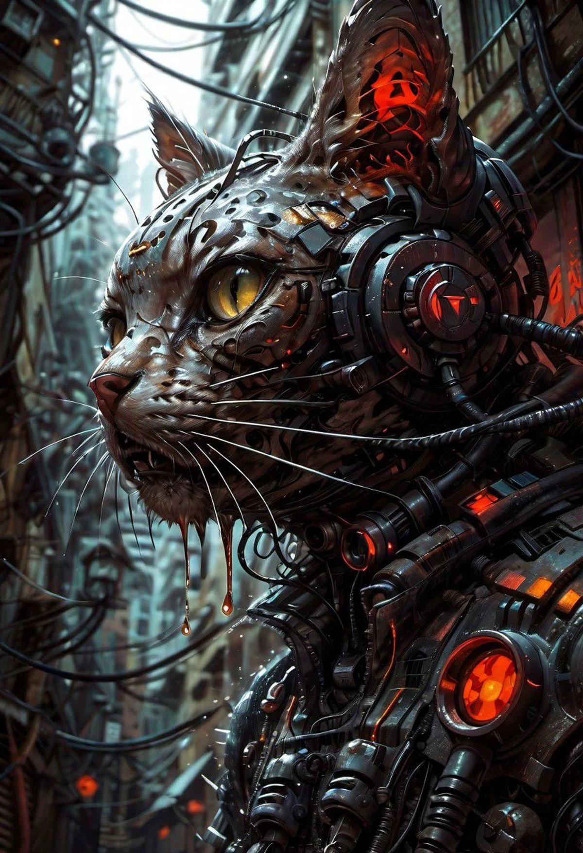 (style of Paul Lehr:1.3), photography of muscular grey bobcat, (looking at viewer:1.3), dark background, stunning, amazing, beautiful, soft lighting, dark city background, sci-fi, dystopia