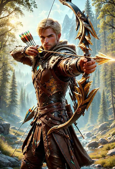 super realistic image, high quality uhd 8K, of 1 man, detailed realistic ((slim body, high detailed)), (muscular:1,2), ((tall model)), (shoulder length blonde hair), high detailed realistic skin, ((fantasy archer, wearing brown armor)), (((fantasy gold bow weapon))) ((magic light ray arrow, spells)), real vivid colors, standing