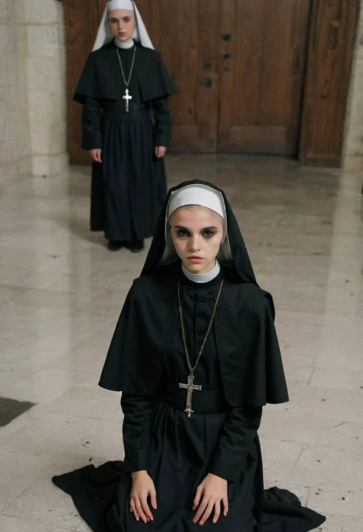 young, ite, wet makeup, running makeup, perfecteyes, ((nervous, afraid)), high-angle close-up photograph of a skinny 18-year-old catholic nun wearing a black habit kneeling on the ground, indoors, looking at viewer, RAW photo, high res, 8k, ultra detailed