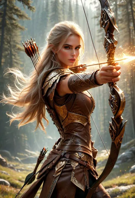 super realistic image, high quality uhd 8K, of 1 man, detailed realistic ((slim body, high detailed)), (muscular:1,2), ((tall model)), (shoulder length blonde hair), high detailed realistic skin, ((fantasy archer, wearing brown armor)), (((fantasy gold bow weapon))) ((magic light ray arrow, spells)), real vivid colors, standing