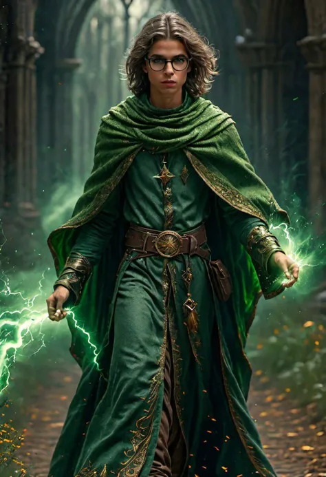 super realistic image, high quality uhd 8K, of 11 boy with round glasses, detailed realistic ((slim body, high detailed)), ((tall model)), brunette hair, high detailed realistic skin, ((fantasy wizard's tunic with green long skirt and intricate details, several belts at the waist)), ((green wizard's magic cape, mysterious atmosphere)) ((wizard's peaked hat)) ((casting magic lightning spells)), real vivid colors, standing