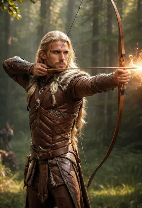 super realistic image, high quality uhd 8K, of ((1 man)), firing and arrow, detailed realistic ((slim body, high detailed)), (muscular:1,2), ((tall model)), (shoulder length blonde hair), high detailed realistic skin, ((fantasy archer, wearing brown armor)), recurve bow,(((magic light ray replacing arrow, spells))), real vivid colors, standing,Aiming a Bow