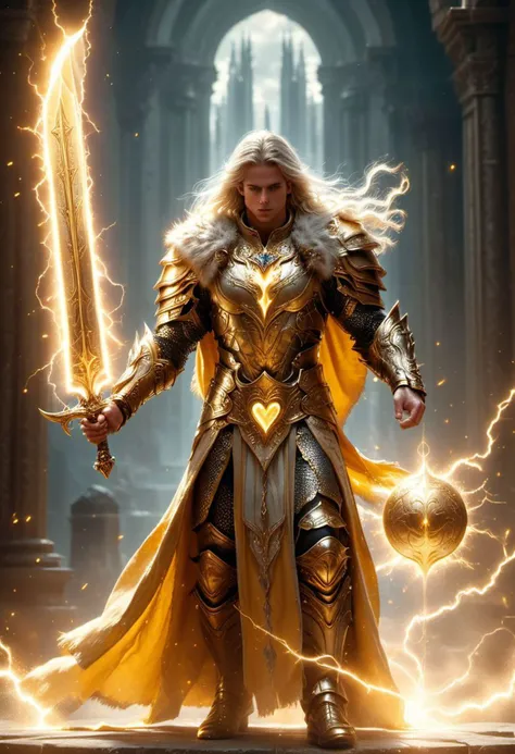 super realistic image, high quality uhd 8K, of (1 god beatiful man, Balder), detailed realistic ((athletic body, high detailed)), thin waist, ((tall model)), ((beautiful bright blonde long hair)), ((no beard)), high detailed realistic skin, (((powerful and fantastic full armor, divine golden fantasy armor))), (((casting lightning magic spells with great golden fantasy sword))), ((fur cape)), ((magical hearts of light)), (in guardian position, in the valhalla), real vivid colors, standing