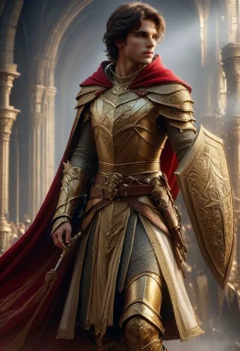 super realistic image, high quality uhd 8K, of 1 boy, detailed realistic ((slim body, high detailed)), ((tall model)), short brunette hair, high detailed realistic skin, ((golden fantasy Templar knight tunic with long skirt and intricate details, several belts at the waist)). ((red cloak, mysterious atmosphere)) ((golden crusader knight large shield)), real vivid colors, standing