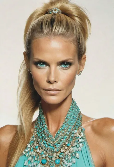 (1girl:2) (human:1.2) (Heidi klum:1.2) (CLAUDIA SCHIFFER:1) (ELLE MACPHERSON:1) (seventies centrefold:1.8), turquoise iris, hair pulled back, ponytail, highly symmetrical features, (head shot:1.6), white background, highly detailed face, highly detailed skin, photorealistic, cinematic, studio lighting