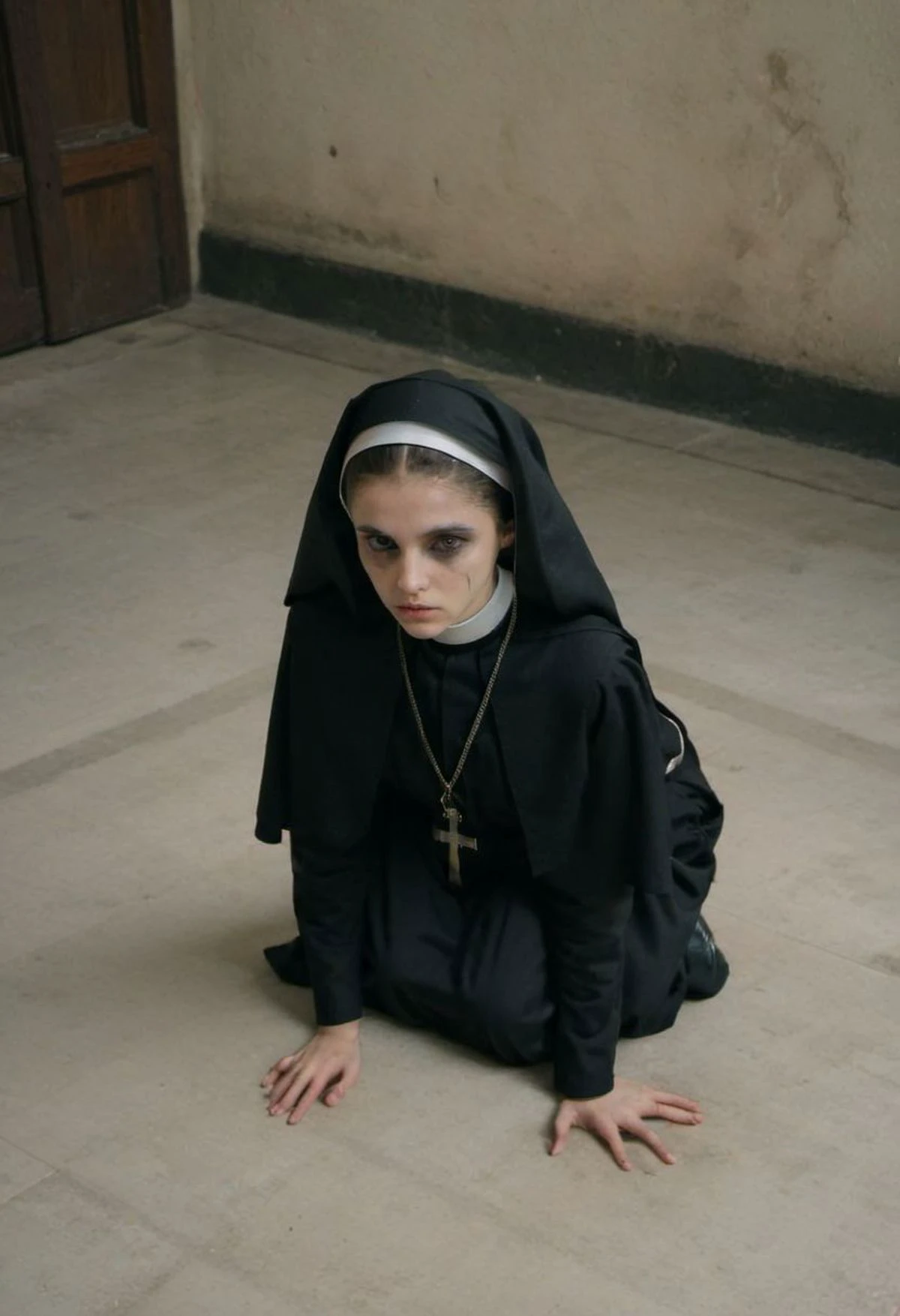 young, ite, wet makeup, running makeup, perfecteyes, ((nervous, afraid)), high-angle close-up photograph of a skinny 18-year-old catholic nun wearing a black habit kneeling on the ground, indoors, looking at viewer, RAW photo, high res, 8k, ultra detailed