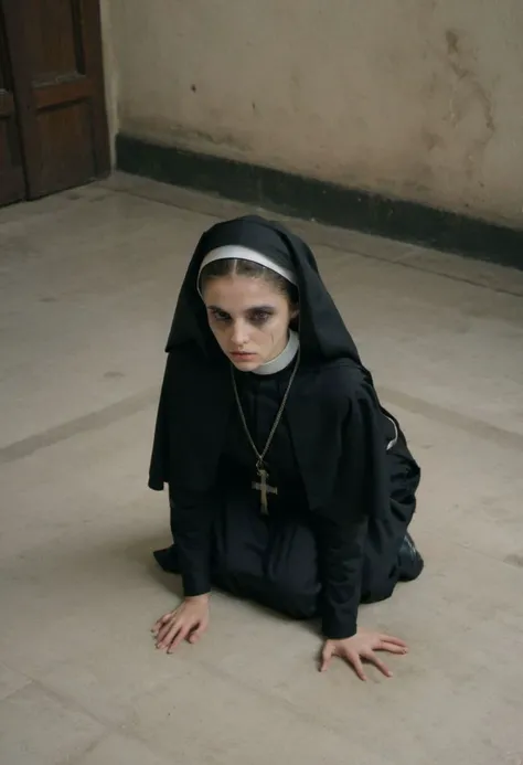 young, ite, wet makeup, running makeup, perfecteyes, ((nervous, afraid)), high-angle close-up photograph of a skinny 18-year-old catholic nun wearing a black habit kneeling on the ground, indoors, looking at viewer, RAW photo, high res, 8k, ultra detailed