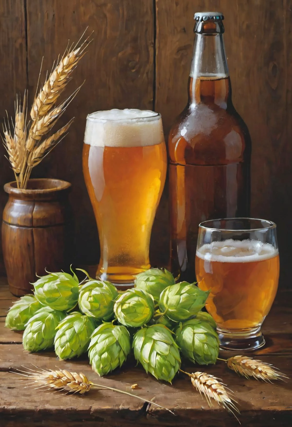 A still life arrangement with an ais-acrylicz beer bottle, glasses, and hops, wheat and water on a rustic wooden table <lora:Proskurin_oil_painting_style:0.5>