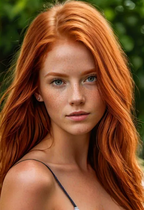 super realistic image, high quality uhd 8K, of 18 year old girl, detailed realistic, redhead, long ginger hair, high detailed realistic skin, (((face and shoulder view portrait))), real vivid colors, standing