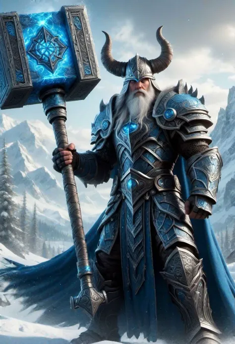 Photorealistic image ((Masterpiece)), ((high quality)) UHD 8K, of a real (Viking god, Vili), strong, ((thin body)), ((tall model)), ((thin waist)), full body , ((long white hair)), (blue eyes), (((hyper-realistic black fantasy full armor, with intricate details))), (((giant blue fantasy  large battlehammer, short handle))), ((long cloak of skin)), (in guardian position, in Valhalla), realistic photography, natural lighting, professional DSLR camera, mecha, robot,