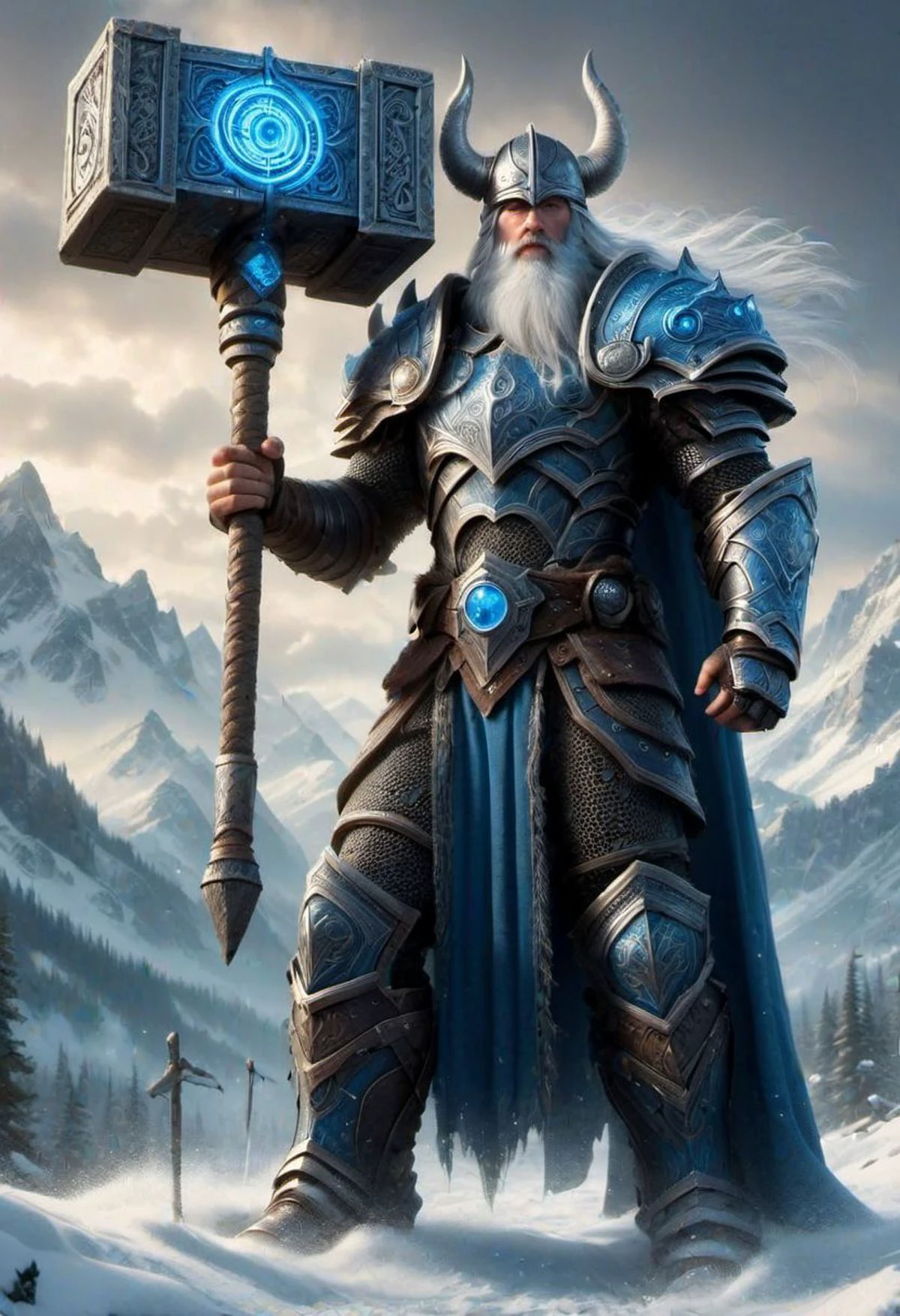 Photorealistic image ((Masterpiece)), ((high quality)) UHD 8K, of a real (Viking god, Vili), strong, ((thin body)), ((tall model)), ((thin waist)), full body , ((long white hair)), (blue eyes), (((hyper-realistic black fantasy full armor, with intricate details))), (((giant blue fantasy large battlehammer, short handle))), ((long cloak of skin)), (in guardian position, in Valhalla), realistic photography, natural lighting, professional DSLR camera, mecha, robot,