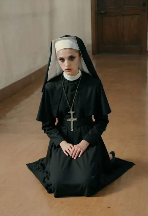 young, petite, wet makeup, running makeup, perfecteyes, ((nervous, afraid)), high-angle close-up photograph of a skinny 18-year-old catholic nun wearing a black habit kneeling on the ground, indoors, looking at viewer, RAW photo, high res, 8k, ultra detailed