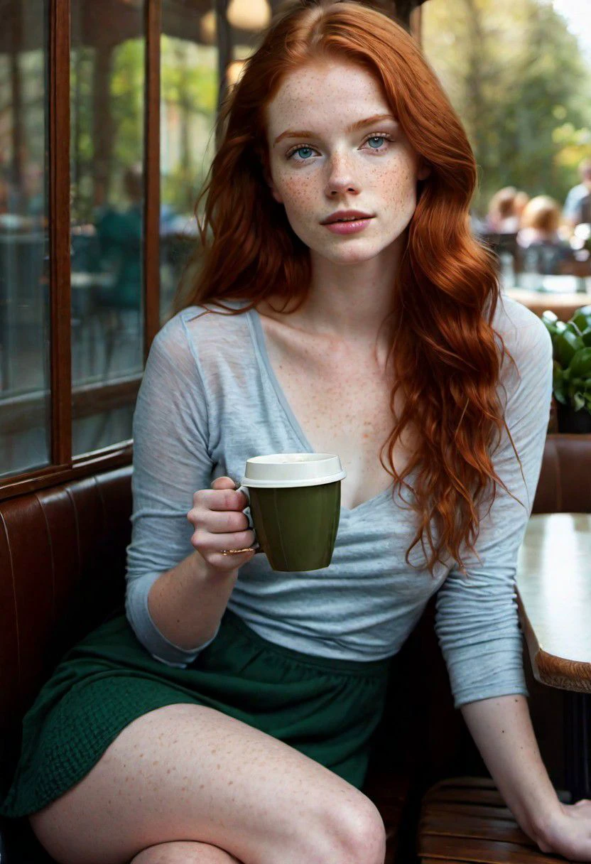 1 girl 19, solo, aesthetic artwork, irish redhead, long wavy ginger hair, grayeyes light, some small freckles, pale skin, A-cup, medium breasts, slim body, runners body, (textured skin, skin pores:1,1), (moles:0,8), imperfect skin, sitting down, having a cup coffee, drinking coffee, (extremely detailed 8K wallpaper),soft lighting, high quality, film grain, fujifilm XT3 sharp focus, f 5.6, 50mm, high detailed, sharp focus, dress blue and white, high detailed, complex details, sitting at outdoors cafe