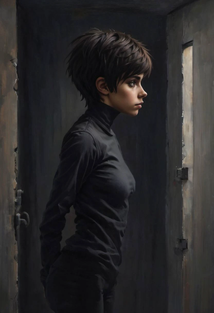 ((anime oil painting)), ((candid from side)), ((pretty girl)), (((cute stocky gymnastic half-Iranian/Hungarian tomboy standing shyly in dimly-lit prison cell))), (short messy dark-chestnut emo-cut hair with undercut), ((upturned pixie-nose)), ((tanned skin)), ((poised)), ((shy smile)), ((dimples)), (dark eyes), ((spine)), ((ass)), (((large dark areolae))), ((pointed medium boobs)), ((clitoris)), ((short emo-cut hair with undercut)), ((dramatic diffused dim lighting from side)), Intricate textures, (high detailed skin:1.5),