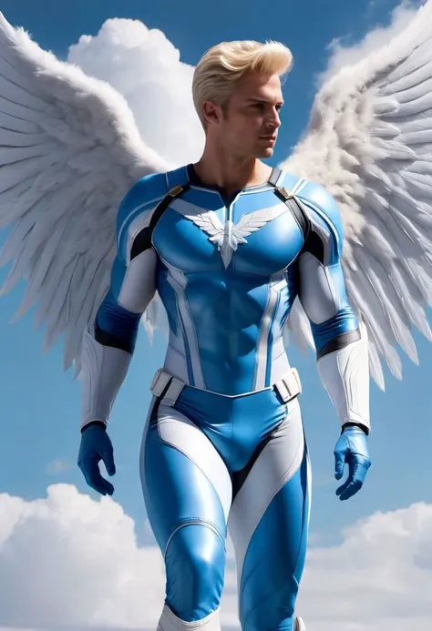 super realistic image, high quality uhd 8K, 1 angel man, angel x-men realistic x-men angel marvel, realistically detailed ((slim body, highly detailed)), ((short blonde hair)), (((x-men angel superhero uniform, white central color blue sides))), ((white boots and gloves)), (((highly detailed realistic))), (((giant, huge, immense, long angel wings))), ((flying through the sky)), real colors, standing,