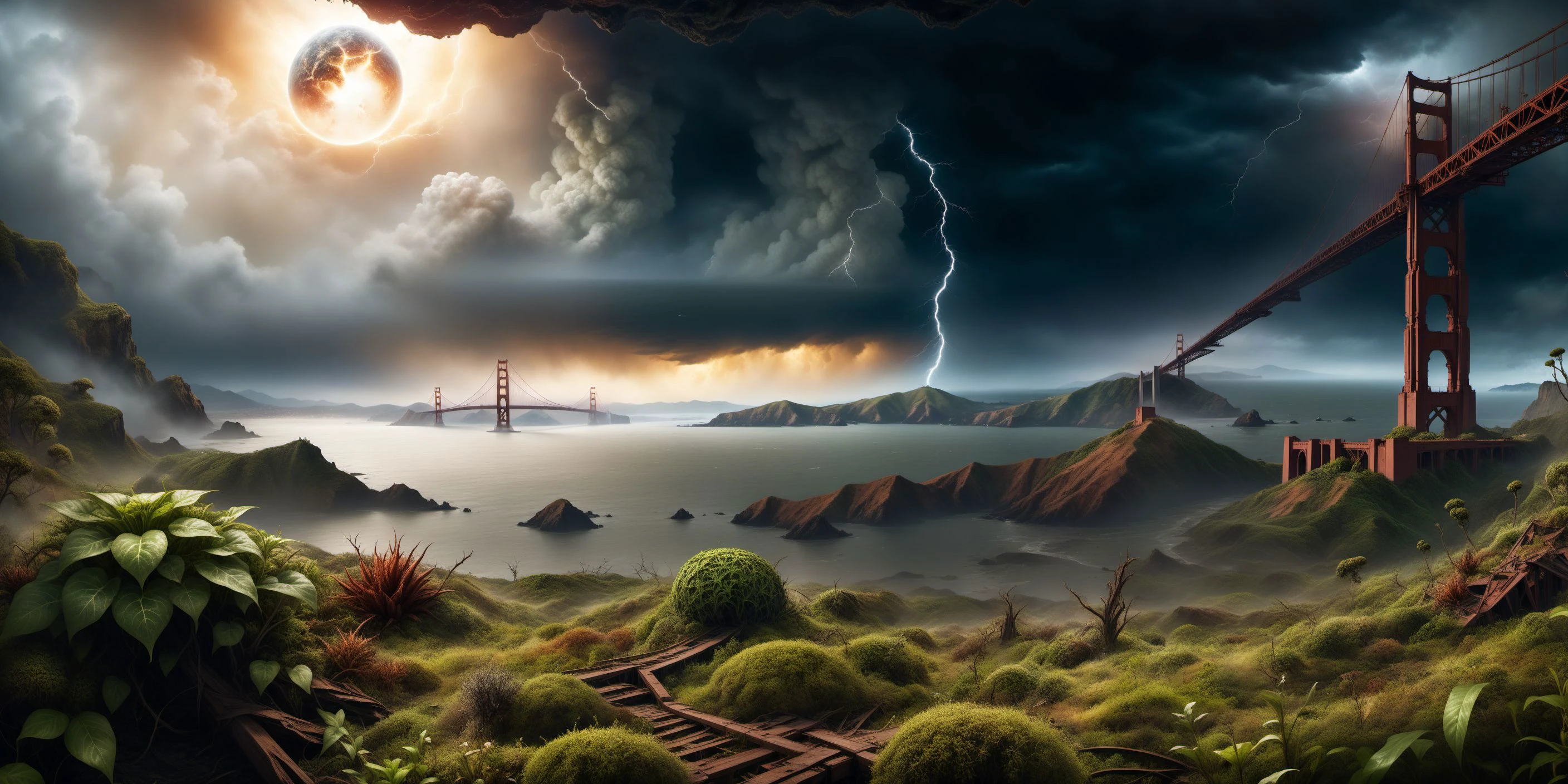 RAW photo, photorealistic, Masterpiece, best quality, sharp focus. Highly professional high resolution photo of a postapocalyptic landscape. Buildings are completely overgrown with various plants. The broken remnants of The Golden Gate Bridge is seen far in the distance. In the sky an extremely huge and foreboding looking planet floats. They are really close to earth and so big they almost overshadows everything. There is an ongoing thunderstorm in the atmosphere. The background is dark and gloomy. ultra realistic, 4k, 2k, (intricate:0.9), (high detail:1.4), film photography, HD, UHD, crystal sharp imagery. <lora:xl_more_art-full_v1:0.6>
